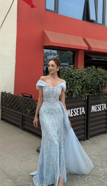 Niulatu Off-the-shoulder Sheath Sky Blue Evening Dresses Tulle Beaded Sky Blue Wedding Guest Dresses HZ1026
